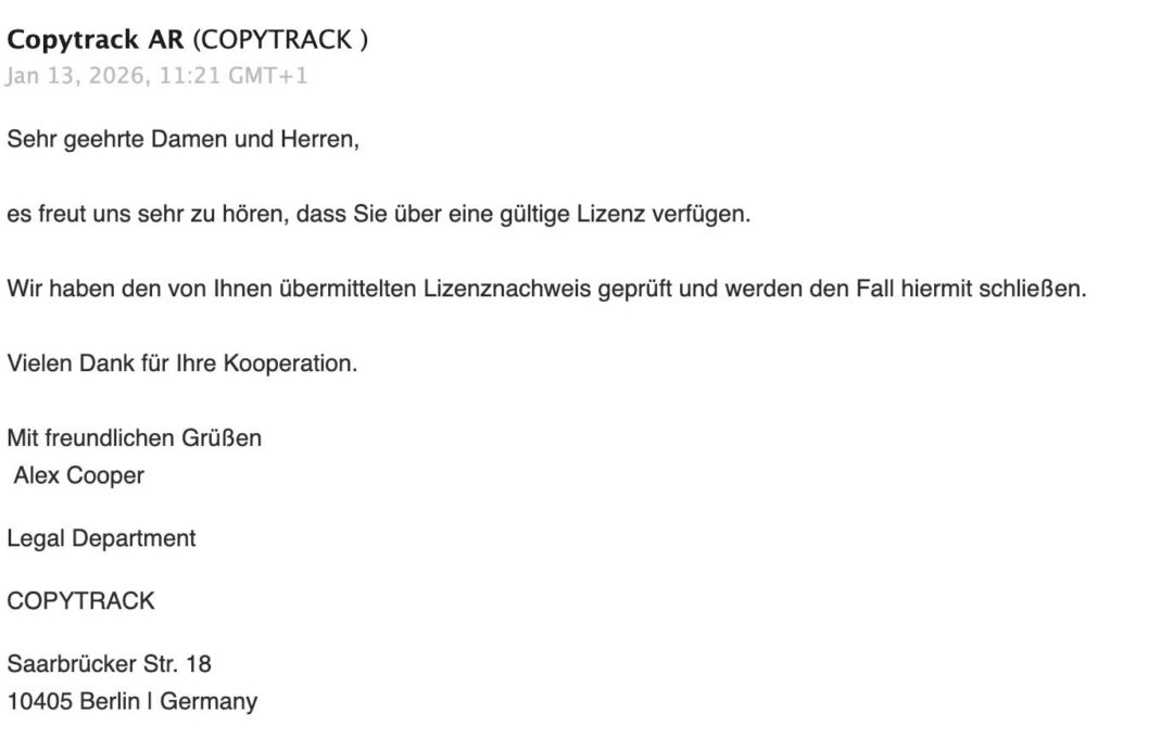 Meine Erfahrung mit einer »Berechtigungsanfrage« von Copytrack 20 Edition Blaes Antwort Copytrack 13 1 26